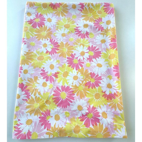 Vintage 70s flat/top bedsheet, pink orange yellow floral, twin size, Pequot - Picture 5 of 9